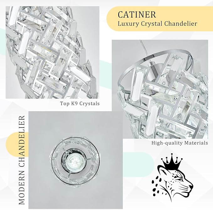 CATINER Modern Chrome Pendant Lighting, Mini Crystal Chandelier, Adjustable Pendant Light Fixture for Kitchen Island, Dining Room, Bedroom