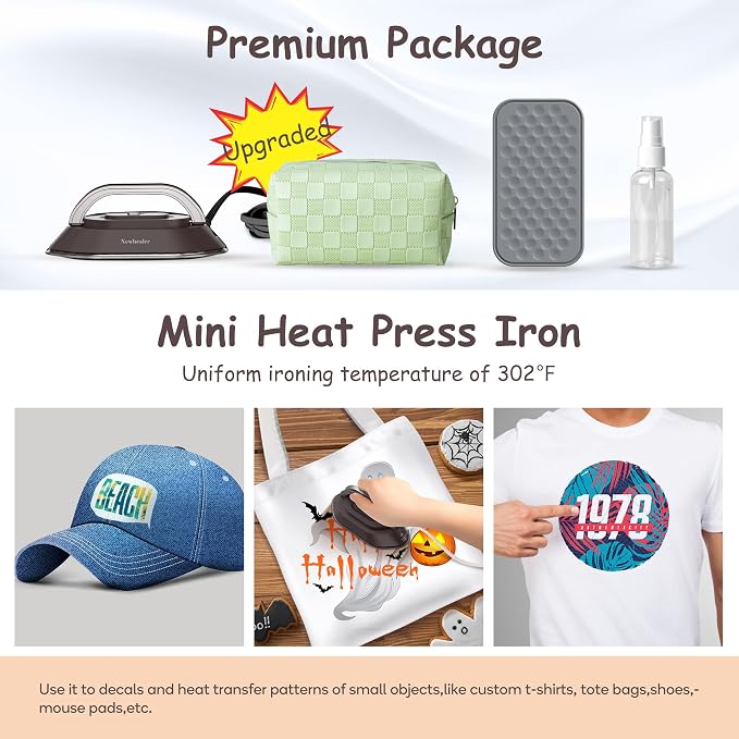 Newbealer Travel Iron Set, 100-240V Mini Dry Iron for Clothes (No Steam) | Max 300W, Heats in 60s, 302℉ Ceramic Soleplate, Handy Heat Press, 0.8lbs Lightweight for Quick Touch-ups Worldwide (Brown)