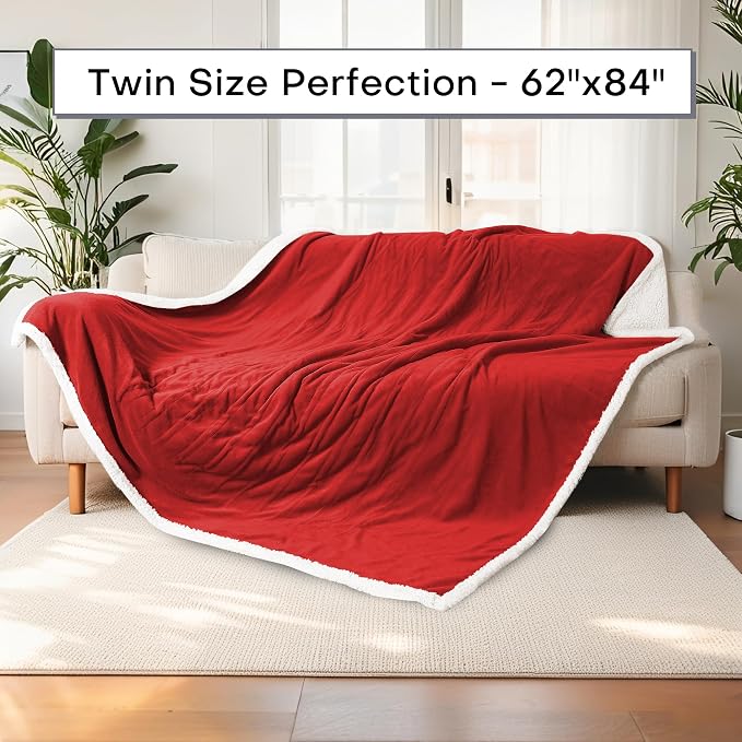 Electric Heated Blanket Twin Size 62"x84" – ETL Certified for Safe Overnight, 4 Heat Settings & 10H Auto Off, Dual-Sided Microplush Sherpa for Home Theater Night, Machine Washable – Red