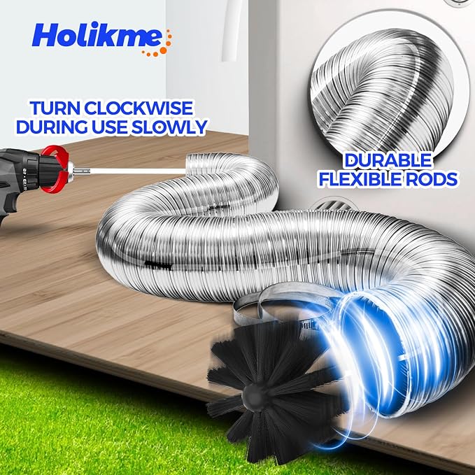 Holikme 60Ft Dryer Vent Cleaner Kit - Flexible Lint Brush for Deep Cleaning | Flexible Nylon Rods, Synthetic Brush Head, Drill Attachment, Deep Clean, Lint Removal, Easy DIY Assembly, Home Essential