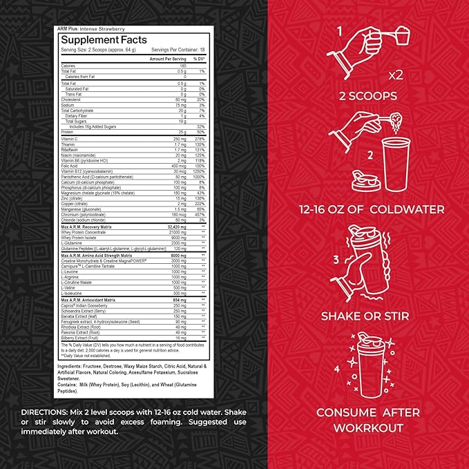 Max Muscle Arm Plus+ Anabolic Recovery Matrix | 25g Protein, 8g Bcaas, 3g Creatine Monohydrate | Whey Protein, Amino Acids, Antioxidants, Glutamine, Electrolytes (Intense Strawberry, 2.54 lb)