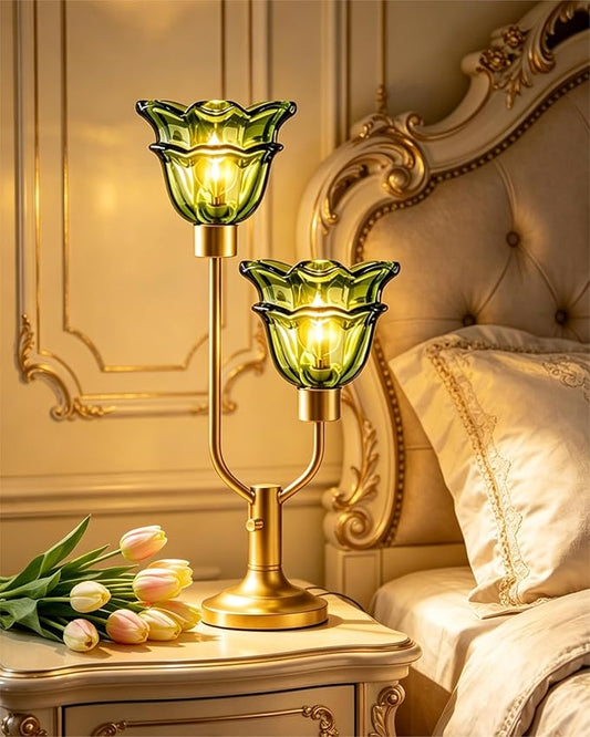 Lightdot Green Glass Flower Table Lamp Dimmable Nightstand Lamp Mid Century Modern Vintage Gold Desk Lamp 2 Bulbs Included Warmwhite Ambient Bedside Lamp for Living Room Bedroom Home Office Decor Gift