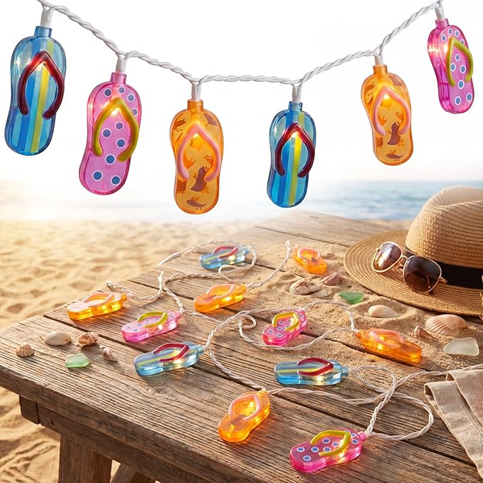 Summer Beach Flip Flop String Lights Plug in, 8.5FT Outdoor Hawaiian Tropical Themed Decoration Lights with 10 LED Multicolor Beach Slipper Lights for Patio Party Birthday Home Window Tent Home Decor