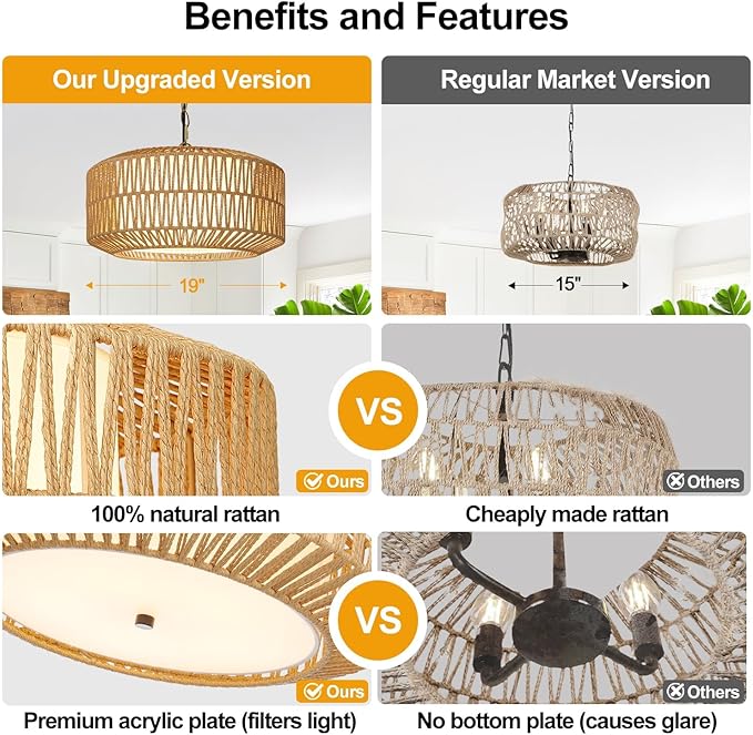 9"-52" Height Adjustable Farmhouse Chandelier Light Fixture, 5-Light Rattan Boho Chandeliers for Dining Room, Hand Woven Pendant Light with Linen Shade, Rustic Hanging Lighting for Kitchen Island