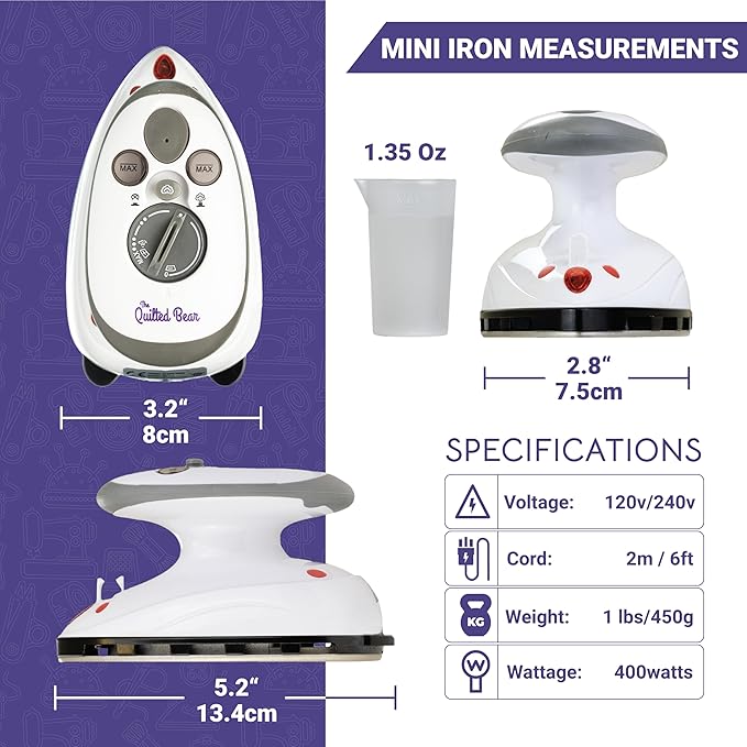 The Quilted Bear Mini Steam Iron - Lightweight Mini Travel Iron for Effortless Quilting & Wrinkle-Free Clothes with Hard Shell Case - Travel Steamer Craft Press for Clothes & Crafts (Pink)