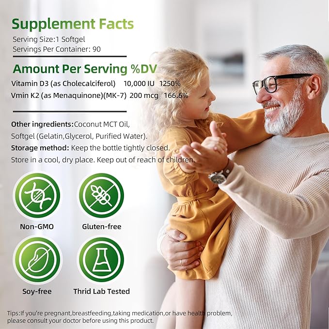 Gélules de Vitamine D3 K2, D3 10000 UI avec K2 (MK-7) 200 mcg avec Huile de Coco, Gélules faciles à avaler 2 en 1 Vitamines D & K, Soutient l'absorption du Calcium, la santé Immunitaire et Cardiaque - 90 Comprimés