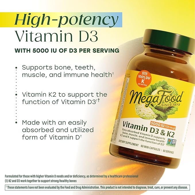 MegaFood Vitamine D3 5000 UI (125 mcg) - Compléments végétariens avec Vitamine D3 K2 - Soutient la santé des os, des dents, des muscles et du système immunitaire - Certifié sans OGM - 120 mini-capsules, 120 portions (lot de 2)