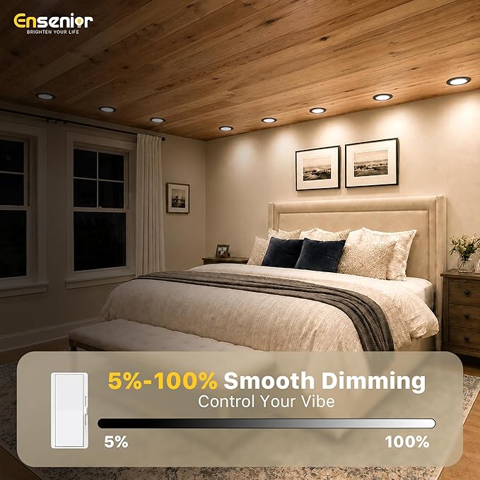 Ensenior 4 Pack 6 Inch LED Recessed Light, Dimmable, 2700K-5000K 5CCT, 1200LM High Brightness, 12W 120V, Damp Rated, Ultra-Thin Canless Wafer Light, Black - ETL & FCC & IC