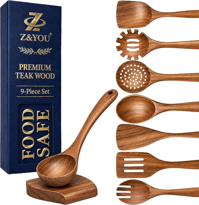 9-Piece Teak Wooden Utensil Set – Wooden Spoons for Cooking with Spoon Rest, Wooden Spatula, and Non Toxic Cooking Utensils – Premium Kitchen Utensils Set for Daily Use