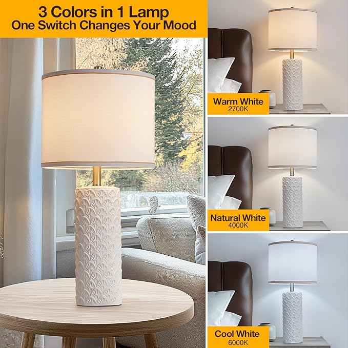 27" Farmhouse Bedside Table Lamp Set of 2, White Modern Ceramic Lamps for Living Room, 3 Color Temperature Rustic Table Lamps for Bedroom, Night Stands, Dorm,Office, Home Décor (Bulb Included