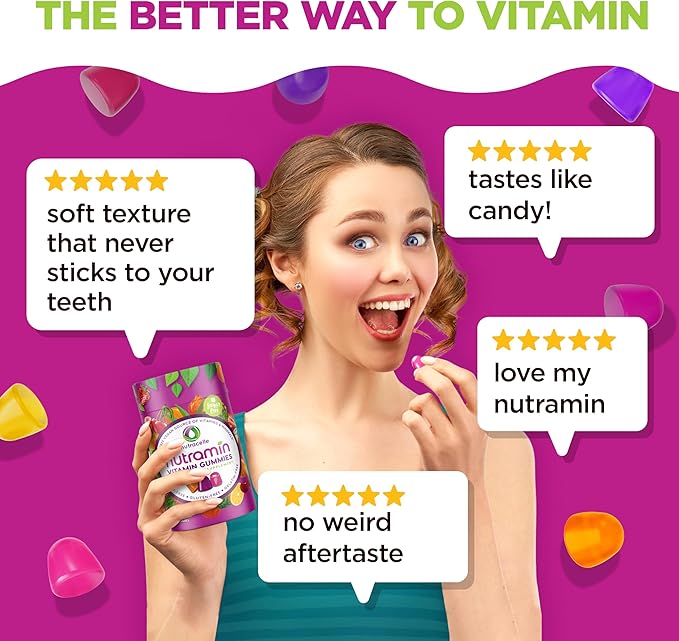 NUTRAMIN Gommes Multivitaminées Vegan Céto Quotidien Sans OGM Vitamine C, D + Zinc Naturelles pour l'Immunité, Végétales, Sans Sucre, Sans Noix, Sans Gluten, Biotine, Vitamine A, B, B6, B12 & Plus 45 Jours (90 Comprimés)