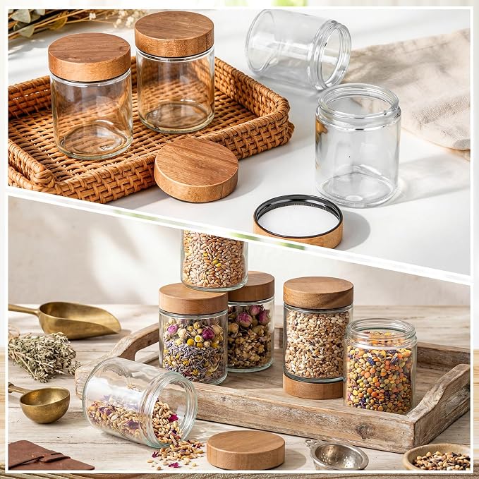Norme 24 Pcs 8oz Glass Jars with Lids Empty Small Glass Containers and Inner Liners Reusable Cosmetic Jars Round Airtight Bottles with Plastic Wood Grain Lids for Travel