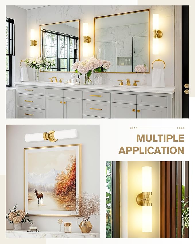 Emak 2 Pack Brushed Gold Bathroom Light Fixtures, 2 Light Bathroom Vanity Light with Milk Glass Shade, 22 Inch Modern Wall Sconce for Bath, Mirror, VL085-BGD-ML-2-PK