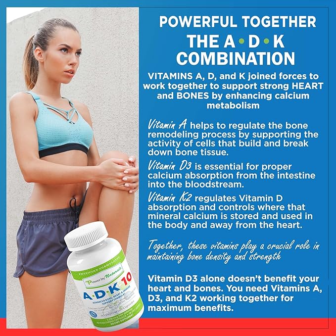 Complément Alimentaire Vitamine ADK Power By Naturals – ADK 10 Haute Puissance avec Vitamines A, D3 10 000 UI & K2 MK7 pour la Santé Osseuse – Complément Vitamine A D K – 90 Gélules, Lot de 2 (6 Mois de Traitement)