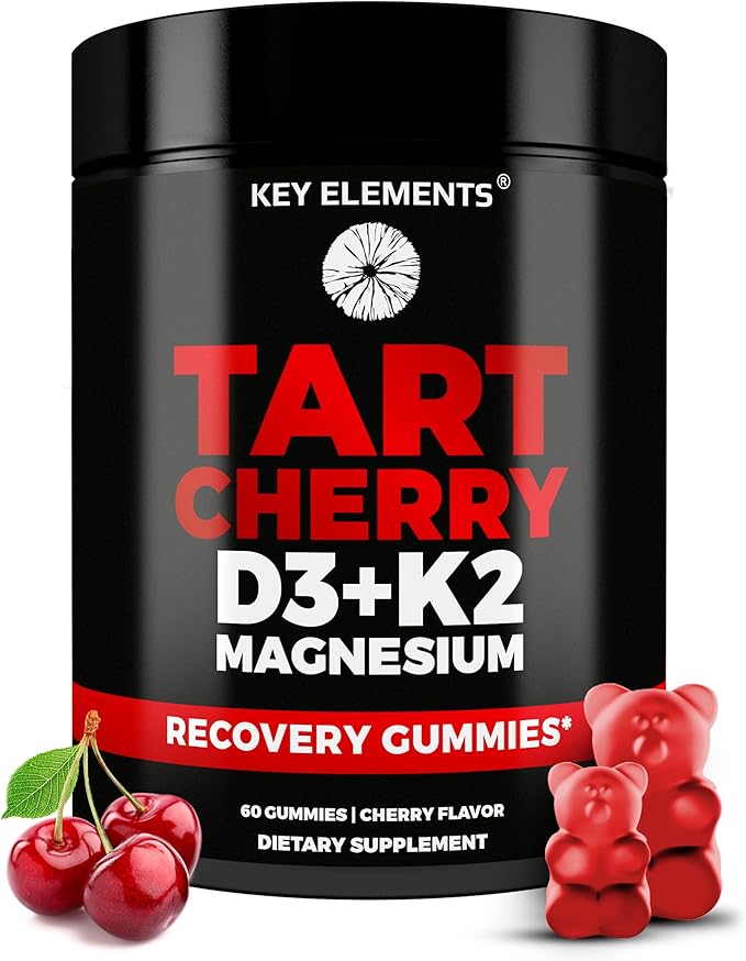 KEY ELEMENTS リカバリー タートチェリー グミ ビタミンD3 K2 5000 IU マグネシウム配合 - 睡眠、骨、免疫サポートのためのビタミンD3 K2 グミ - 非遺伝子組み換え、グルテンフリー、砂糖不使用