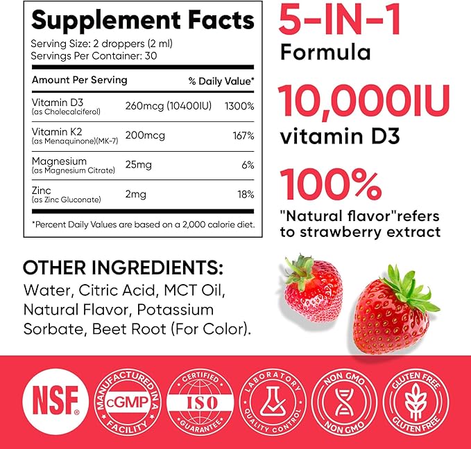 Venture Pal Vitamine D3 10000 UI et K2 MK-7 200mcg 5-en-1 avec Magnésium, Huile MCT, Zinc, Vitamine D Liquide Sans Sucre | Absorption Maximale pour la Santé des Os, l'Humeur et le Système Immunitaire - 60 ml, 67 Jours