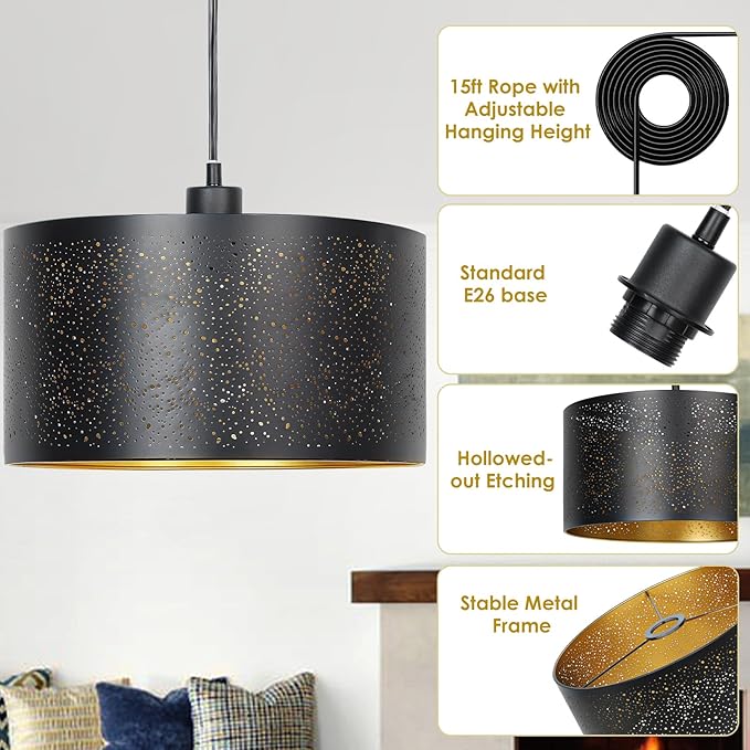 Qingmiao Plug in Pendant Light, Hanging Lamp Plug in with LED Bulb, 3-Way Dimmable Hanging Light Fixture for Living Room Bedroom Kitchen Ceiling Farmhouse Home Decor