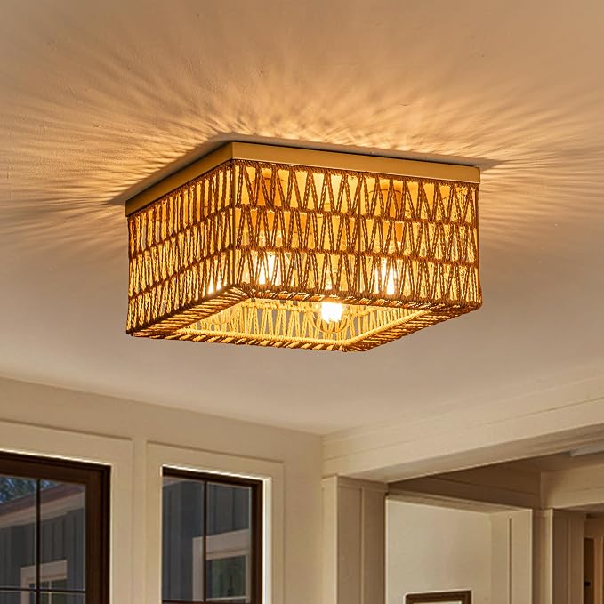 Rpzloila Rattan Ceiling Light, 4-Light Boho Light Fixture, Square Flush Mount Ceiling Light for Bedroom, Hallway, Entryway, Kitchen, Living Room