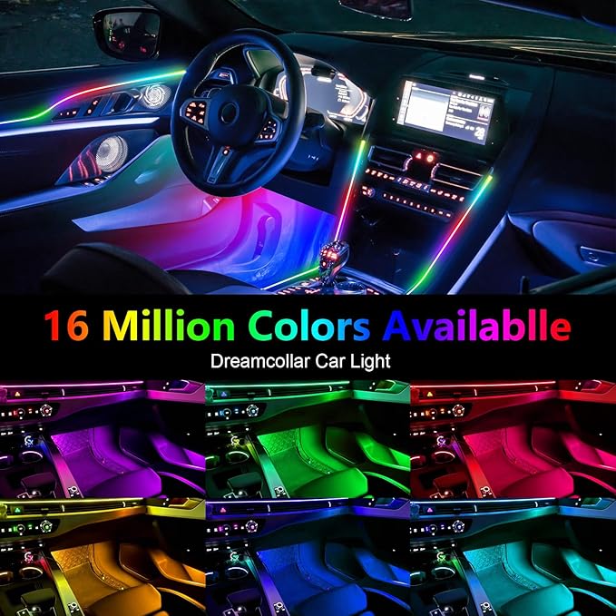 Dreamcolor Acrylic Ambient Lighting Car Lights – Wireless APP Control, Music Sync, Dynamic RGB Interior Car LED Strip Light Kit, 22-in-1 Customizable LED Neon Light Kits for Car Interior