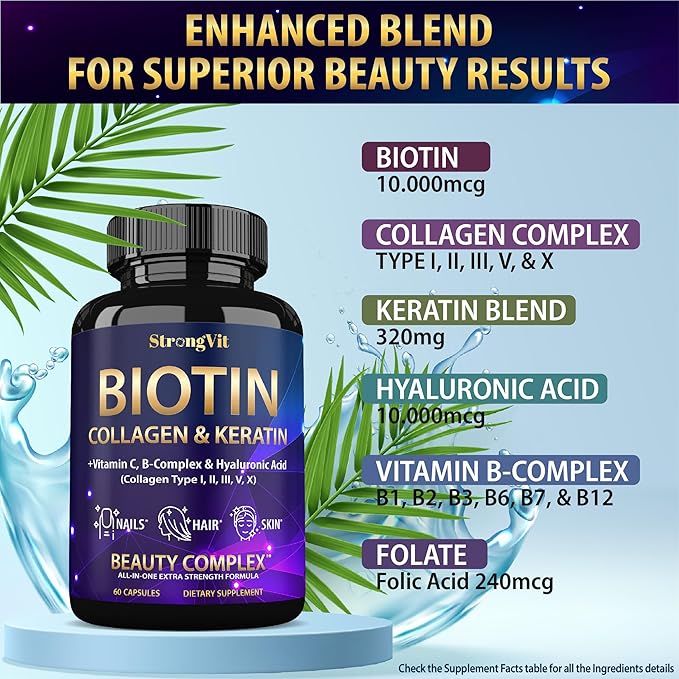 StrongVit Biotin with Hyaluronic Acid, Keratin and Collagen Supplements - 10000mcg for Hair Growth Women and Men - Hair Skin and Nails Vitamins - 60 Capsules