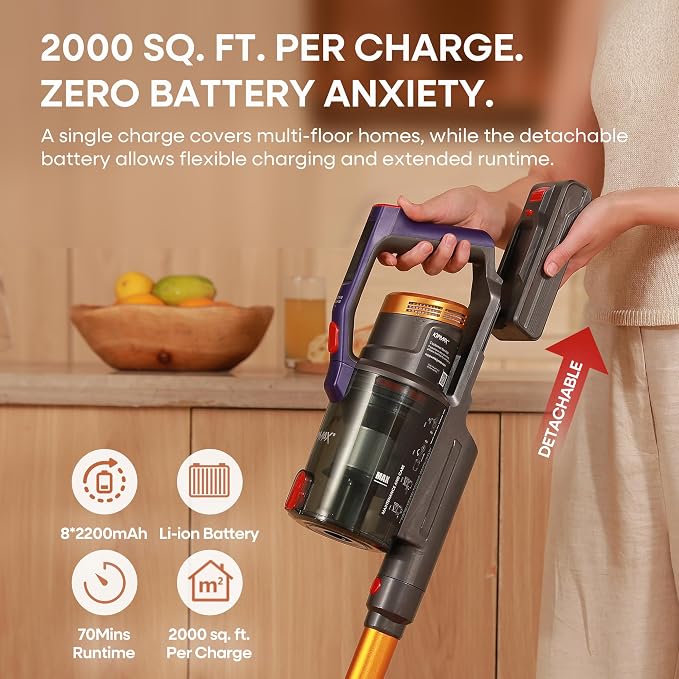 KIPMAX Cordless Vacuum Cleaner,Upgraded 650W/55KPA/70Mins/With No-Drill Charging Station Cordless Stick Vacuum Cleaner,LED Display&Aromatherapy Vacuum Cleaners for Home Pet Hair,for Hard Floor,Carpet