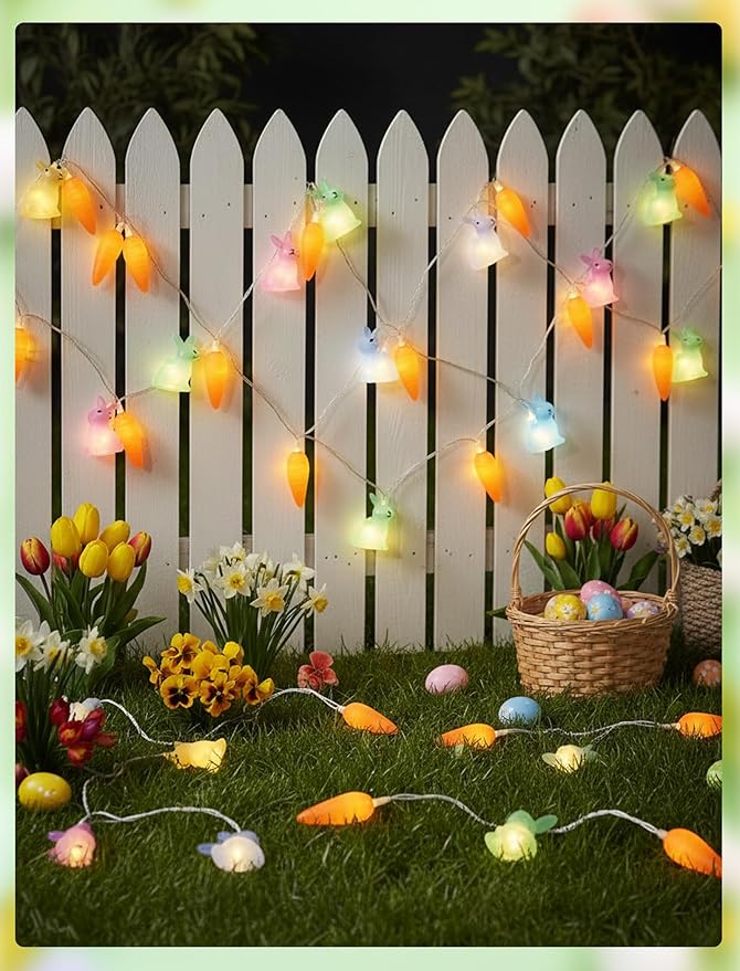 Easter Multicolor Rabbit and Carrot String Lights, 8.5Ft Plug in Spring Decorations String Lights with 10 LED Bunny and Corrt Lights for Easter Party Spring Home Garden Patio Indoor Outdoor Decor