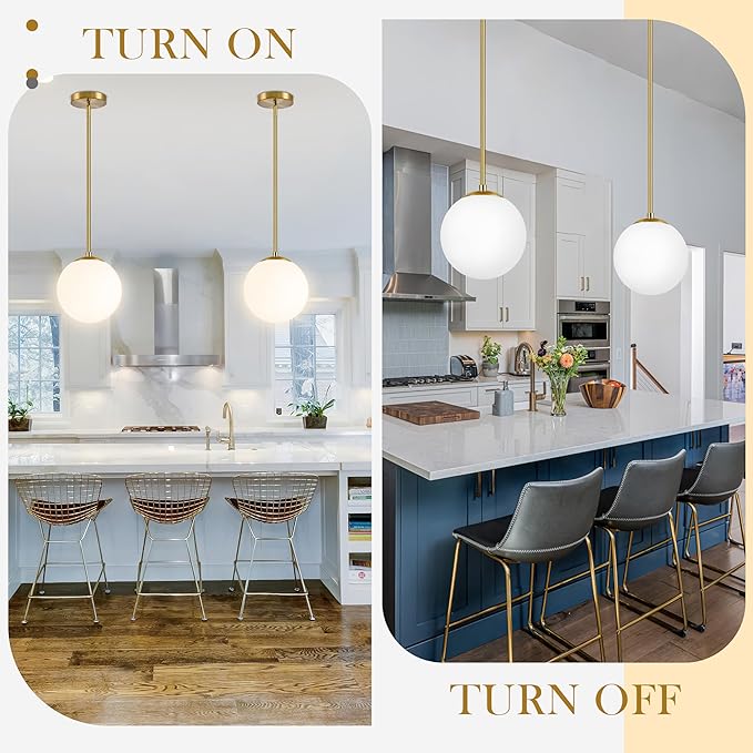 Bagood 10" Globe Pendant Light Gold 2 Pack Mid Century Pendant Light Globe Pendant Lights Kitchen Island Brushed Brass Finished with Milk Glass Adjustable Ceiling Light Fixtures for Dining Room Bar