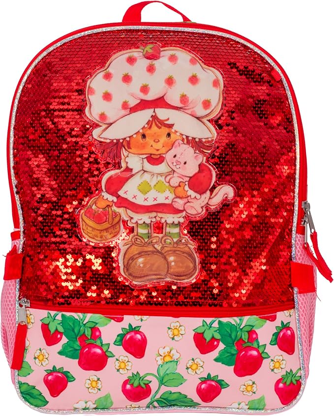 AI ACCESSORY INNOVATIONS Strawberry Shortcake 5 Piece Backpack Set, Flip Sequin Girls School Bag with Front Zip Pocket, 2 Side Mesh Pockets, Pink & Red