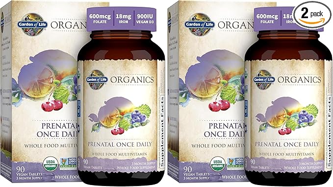 Garden of Life Prenatal Vitamins for Women, Organics Folate for Energy & Healthy Fetal Development,Non-constipating Iron,Vitamin C, B6, B12, D3,Non-GMO,Gluten-Free, Vegan, 90 Day Supply (Pack of 2)