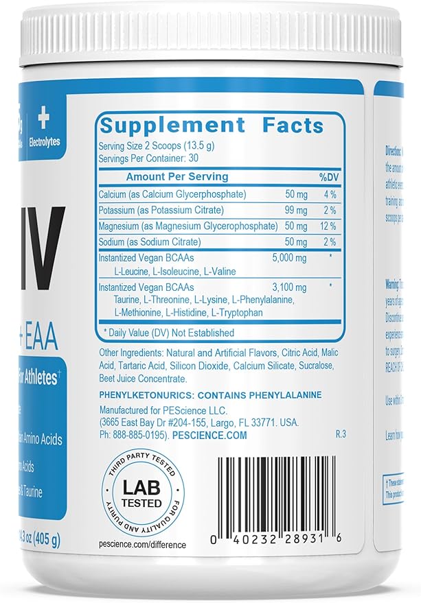 PEScience Amino IV BCAA & EAA Powder, Essential Amino Acids, Taurine, Electrolytes for Hydration and Muscle Recovery, Sugar Free for Men & Women, Post Workout - Strawberry Lemonade, 30 Servings