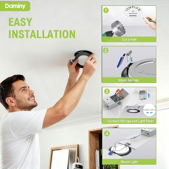 DAMINY 6 Pack 6 Inch Black LED Recessed Lighting with Junction Box,5CCT,Ultra-Thin Recessed Light,10W 1100LM, Dimmable Canless Wafer Ceiling Light,High Brightness