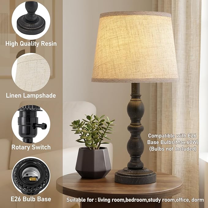 GyroVu 20.5" Table Lamps for Nightstand Set of 2, Farmhouse Lamps for Bedroom, Small Desk Lamps for Living Room, Linen Shades, Knob Switch, Bedside Lamps for Reading, Office (Black)