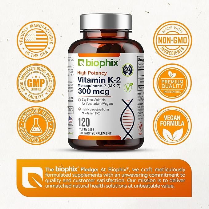 biophix Vitamin K2 MK-7 300mcg, 120 Vegan Capsules – High-Potency Supplement for Bone Strength and Immune Health