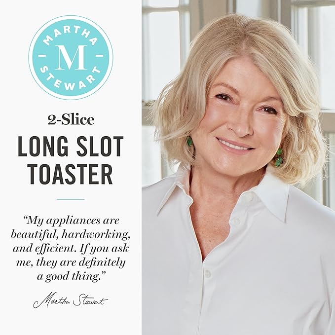 Martha Stewart 2 Slice Long Slot Toaster, Extra Wide for Sourdough & Bagels, 10 Setting Shade Control, Removable Crumb Tray, Self-Centering Design, Defrost/Reheat, Cancel, Slim Space-Saving, Caviar