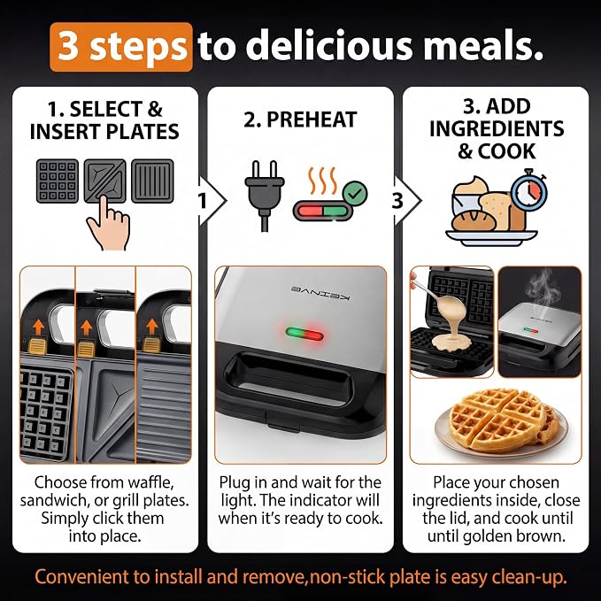 KEINVE 3-in-1 Sandwich Maker, Waffle Maker and Panini Press Grill, 800W Electric Breakfast Machine with 3 Detachable Non-Stick Plates, LED Indicator Lights, Cool Touch Handle with Latch, Black
