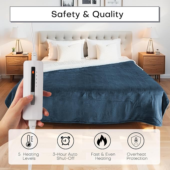 Electric Blanket Twin Size 62" x 84" Thickened Flannel and Sherpa Heated Blanket,10 Hours Timer Auto-Off,5 Heating Levels,for Bedroom Office Couch,Dark Green