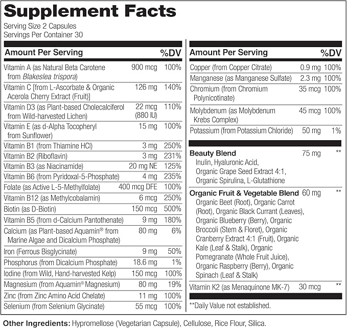 NATURELO Multivitamine Aliment Complet avec Soutien Supplémentaire Cheveux, Peau et Ongles - Mélange Beauté avec Acide Hyaluronique et Pépins de Raisin - Biotine, Vitamine C et Glutathion Haute Puissance - 60 Gélules Végétaliennes