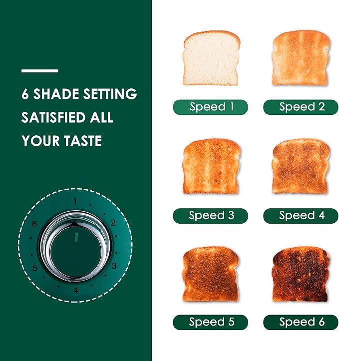 Roter Mond 4 Slice Toaster Retro Stainless Steel with Bagel Defrost Cancel Function, 6 Browning Settings, Extre Wide Slot and Removable Crumb Tray, Green, ST033