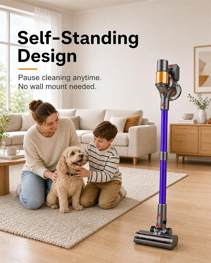 Cordless Vacuum Cleaner, 2 Batteries 120 Mins Runtime, 600W 50KPA Stick Vacuum with Self-Standing, Tangle-Free Brush, LED Display, Vacuum Cleaner for Home Hardwood Floor, Carpet, Pet Hair