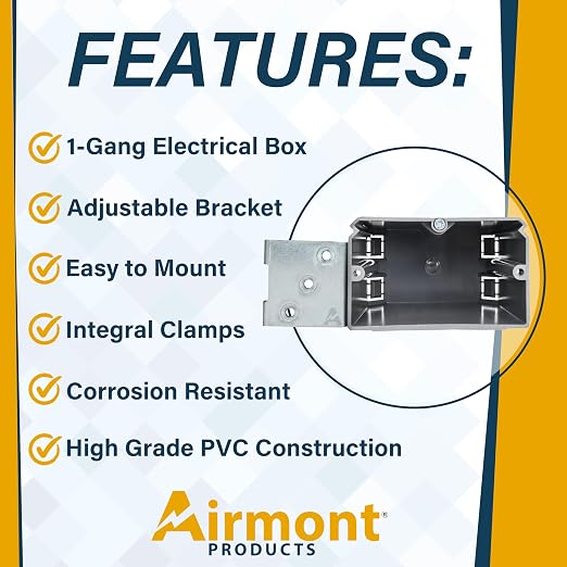 (4 Pack) Adjustable 1-Gang Horizontal Electrical Box for New Construction – Heavy-Duty Grey PVC Switch & Outlet Box with Metal Bracket, ETL Listed Junction Box for Switches, Outlets & Wiring Projects