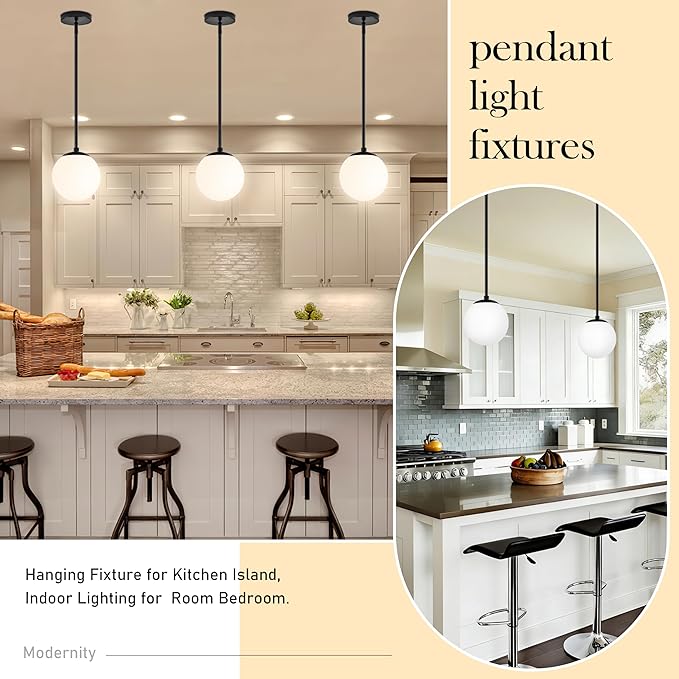 Bagood 6" Globe Pendant Light Black 2 Pack Mid Century Pendant Light Globe Pendant Lights Kitchen Island Matte Black Finished with Milk Glass Adjustable Ceiling Light Fixtures for Dining Room Bar