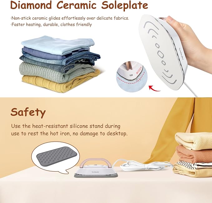 Newbealer Travel Iron Set, 100-240V Mini Dry Iron for Clothes (No Steam) | Max 300W, Heats in 60s, 302℉ Ceramic Soleplate, Handy Heat Press, 0.8lbs Lightweight for Quick Touch-ups, Gold with Hard Case