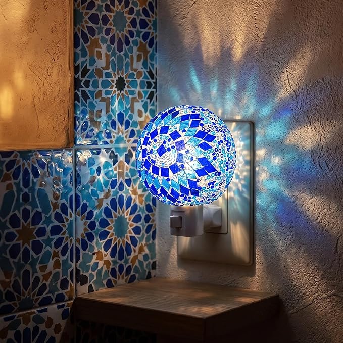 Baquler Turkish Night Light Plug in Wall - Moroccan Stained Glass Globe Lamp Bohemian Bedroom Decor Ambient Warm Light for Living Room Hallway Unique Gift for Women(Blue)