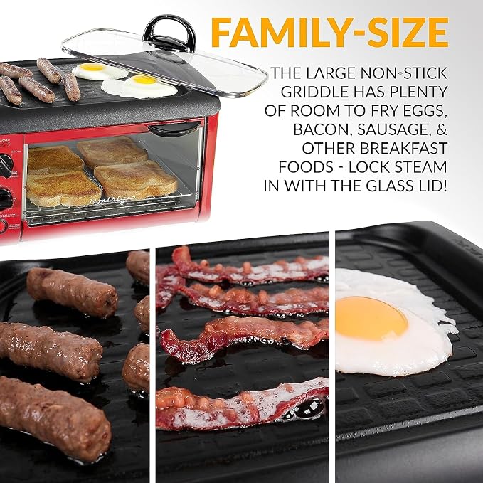 Nostalgia 3-in-1 Breakfast Station - Includes Coffee Maker, Non-Stick Griddle, and 4-Slice Toaster Oven - Versatile Breakfast Maker with Timer - Red