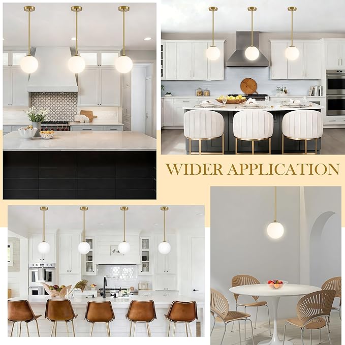 Bagood 6" Globe Pendant Light Gold 2 Pack Mid Century Pendant Light Globe Pendant Lights Kitchen Island Brushed Brass Finished with Milk Glass Adjustable Ceiling Light Fixtures for Dining Room Bar
