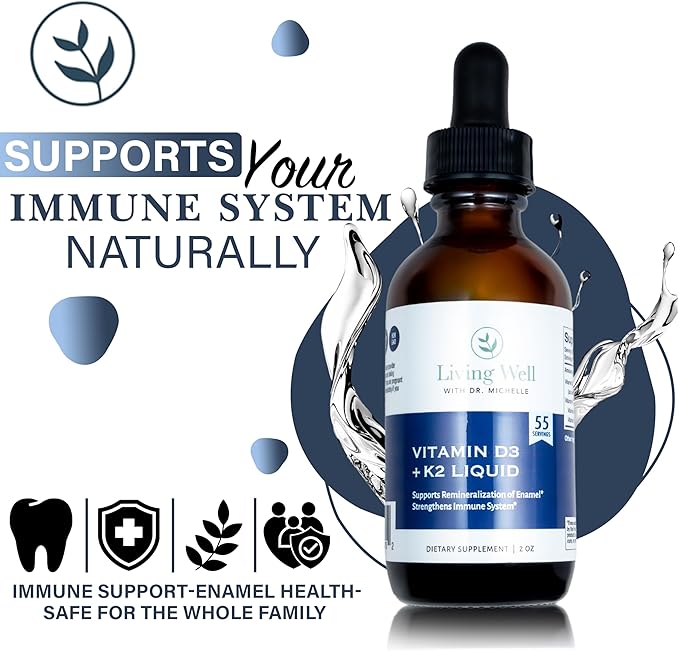 Vitamine D3 liquide 2000 UI avec K2 + K1 – Supplément de soutien immunitaire et osseux – Développé par des dentistes pour des dents et des os solides et une meilleure absorption du calcium – Sans OGM, sans gluten, sans soja – Goût agréable – 60 ml