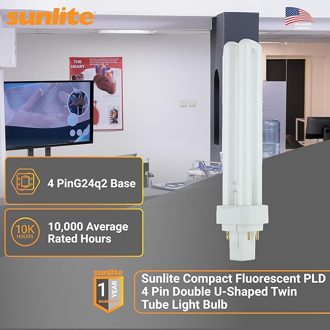 Sunlite PLD18/E/SP65K/10PK 6500K Daylight Fluorescent 18W PLD Double U-Shaped Twin Tube CFL Bulbs with 4-Pin G24Q-2 Base (10 Pack)