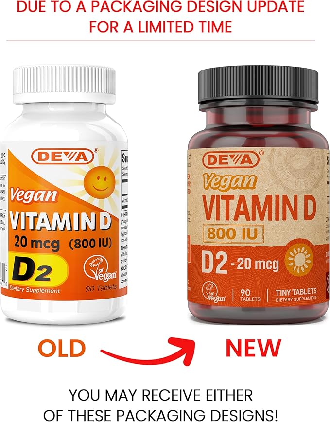 Deva ヴィーガン ビタミンD2 800 IU、動物性成分不使用のエルゴカルシフェロールサプリメント、速溶性、90錠、1パック