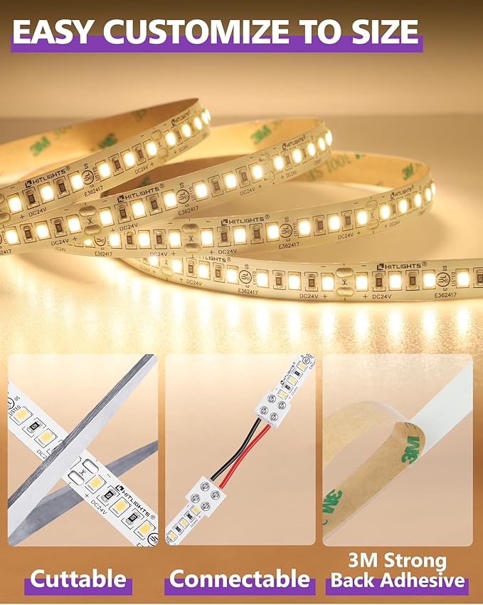HitLights LED Strip Lights Warm White 3000K, 16.4ft Premium High Density 24V Tape Light, 600 LEDs, 426 LM/FT, CRI 90+, IP30, Lighting for Kitchen, Under Cabinets, UL Listed (Power Source Not Included)