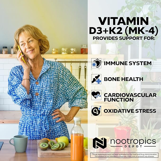 Nootropics Depot Vitamine D3 + K2 avec Comprimés de Vitamine C | 60 unités | Cholecalciferol + Menaquinone-4 (MK-4) | Humeur et Santé Osseuse | Absorption Saine du Calcium